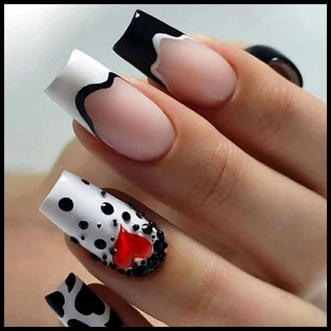 Square Press On Nails With 3D Red Heart Rhinestone French Black Wave Cow Print Polka Dot False Nails For Women Girls