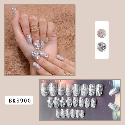 Unghie Finte Silver Glitter Press On Con Rhinestones Lucide Corte Mandorla Per Donne Manicure Quotidiana