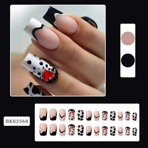Square Press On Nails With 3D Red Heart Rhinestone French Black Wave Cow Print Polka Dot False Nails For Women Girls