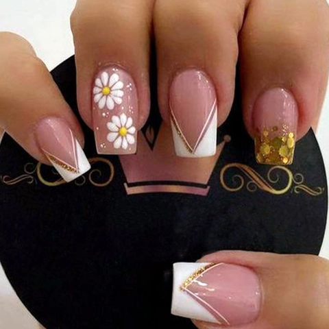 French Press On Nails Pink Daisy Flower Design Gold Glitter V Shape False Nail Tips Elegant For Women