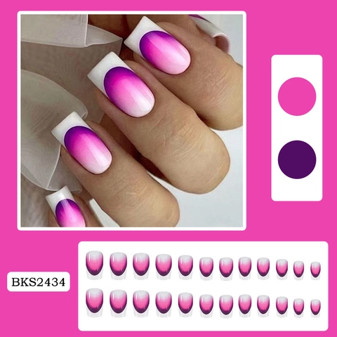 Unghie Finte Press On Sfumate Viola Rosa Lucido Stile Francese Forma Bara Manicure Elegante Per Donne