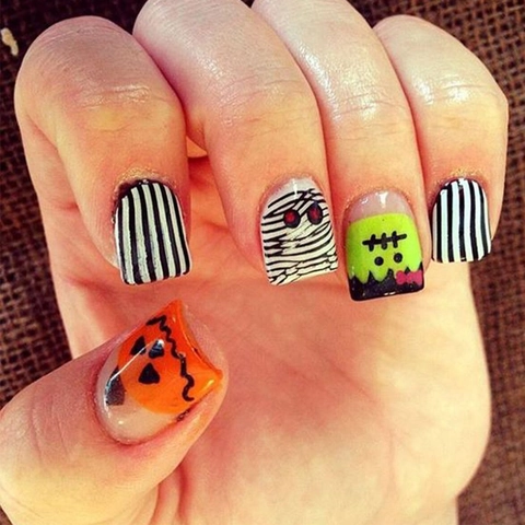 Halloween Press On Nails Short Square Pumpkin Mummy Stripes Cartoon False Fingernails For Women Party DIY Nail Art