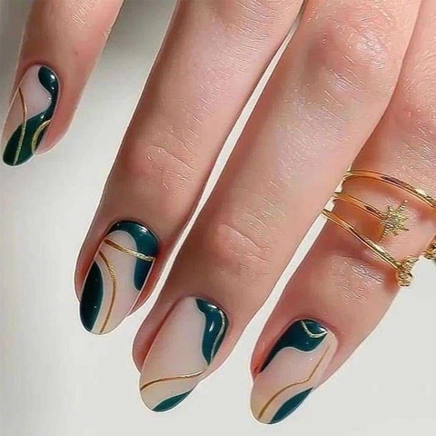 Unghie Press On Mandorla Verde Scuro Design Linee Oro Astratte Unghie Finte Rosa Chic Con Colla Gelatina E Lima Per Unghie