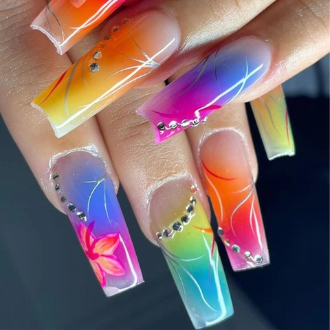 Regenbogen Verlauf Press On Nägel Blumenmuster Lange Sargfalsche Nägel Mit Strasssteinen Geleekleber Und Nagelfeile
