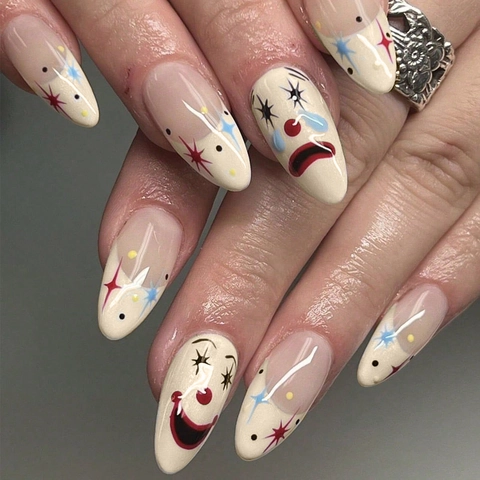 Unghie Finte A Mandorla Faccia Di Pagliaccio Motivo A Stelle Unghie Lucide Per Donne Manicure Fai Da Te Include Colla Gelatinosa Lima