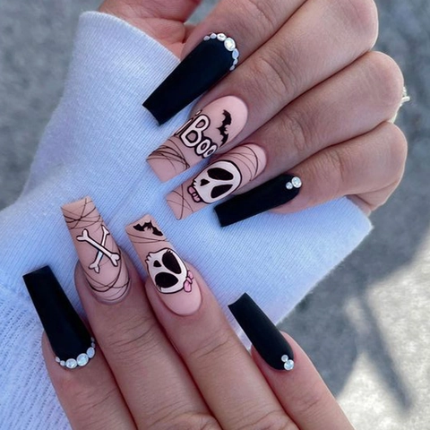 Unghie Finte Bara Halloween Opaco Nero Rosa Teschio Pipistrello Design Strass Forma Lunga Manicure Donne