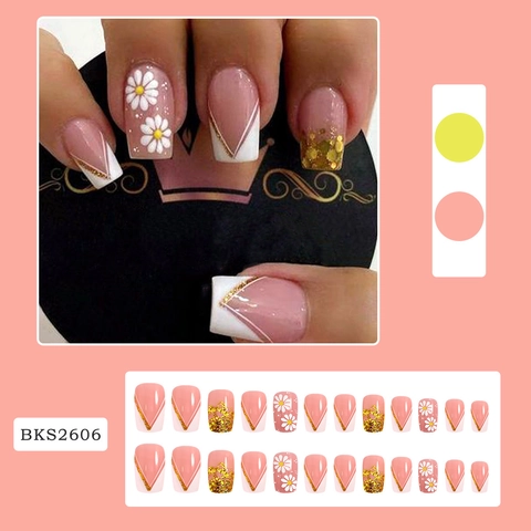 French Press On Nails Pink Daisy Flower Design Gold Glitter V Shape False Nail Tips Elegant For Women