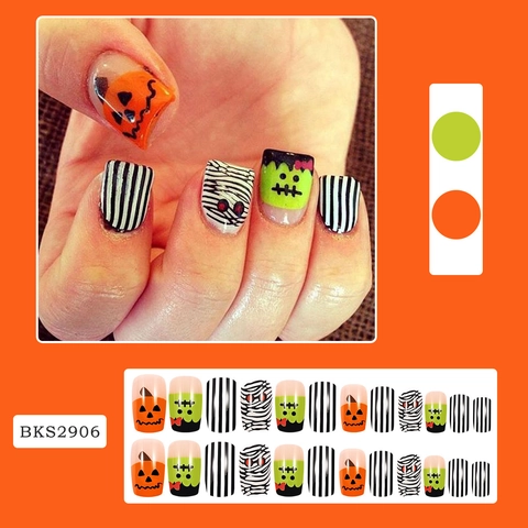 Halloween Press On Nails Short Square Pumpkin Mummy Stripes Cartoon False Fingernails For Women Party DIY Nail Art