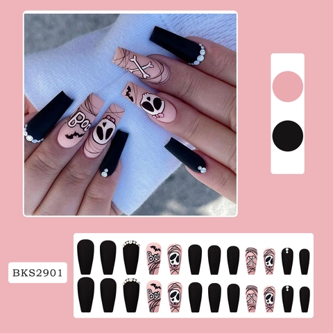 Unghie Finte Bara Halloween Opaco Nero Rosa Teschio Pipistrello Design Strass Forma Lunga Manicure Donne