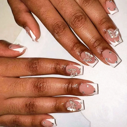 Butterfly French Tip Press On Nails Square False Nails With Rhinestones Pink White Elegant Long Manicure Glue File