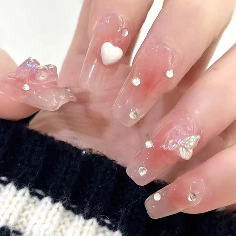 Pink Blush Gradient Press On Nails With 3D Resin Bear Butterfly Heart Rhinestone Long Square Sweet Style False Nails