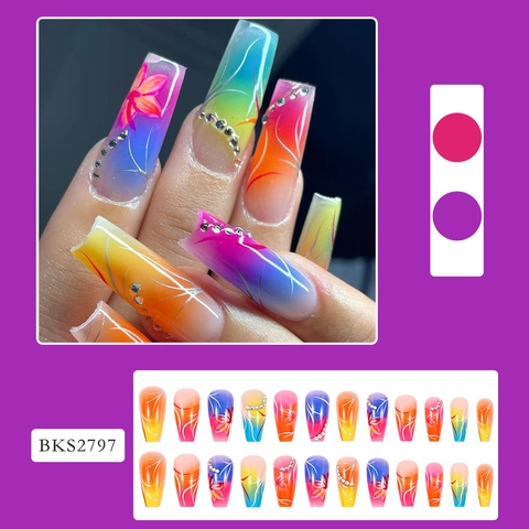 Regenbogen Verlauf Press On Nägel Blumenmuster Lange Sargfalsche Nägel Mit Strasssteinen Geleekleber Und Nagelfeile