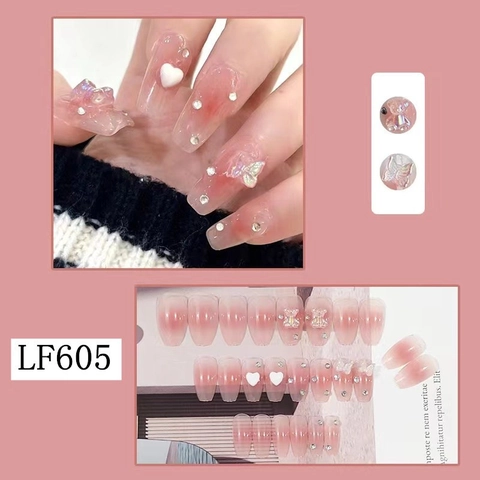 Pink Blush Gradient Press On Nails With 3D Resin Bear Butterfly Heart Rhinestone Long Square Sweet Style False Nails