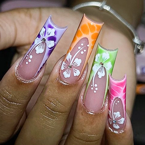 Colorful Flower French Square Press On Nails Glossy False Nails Rhinestone French Tip Artificial Fingernails Women