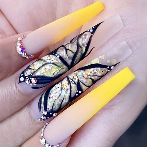 Uñas Postizas Coffin Largas Degradado Amarillo Patrón Mariposa Diamantes De Imitación Brillo Lujo Para Mujeres