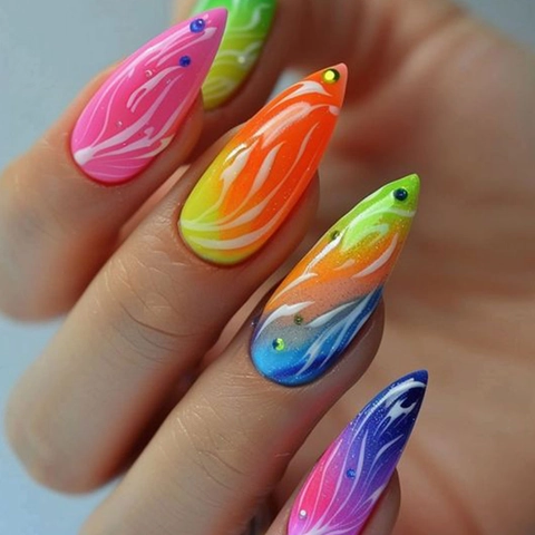 Press On Nails Almond Long Colorful Rainbow Gradient Flame Pattern Rhinestone Artificial False Nail Manicure DIY Decoration