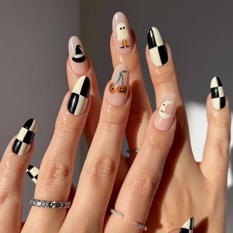 Uñas Postizas De Halloween Patrón De Tablero De Ajedrez Fantasma Calabaza Almendra Ataúd Con Pegamento De Gelatina Y Lima