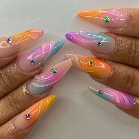 Almond Press On Nails Rhinestone Gradient Color Relief Texture Water Ripple ABS Fake Nails With Jelly Glue Nail File