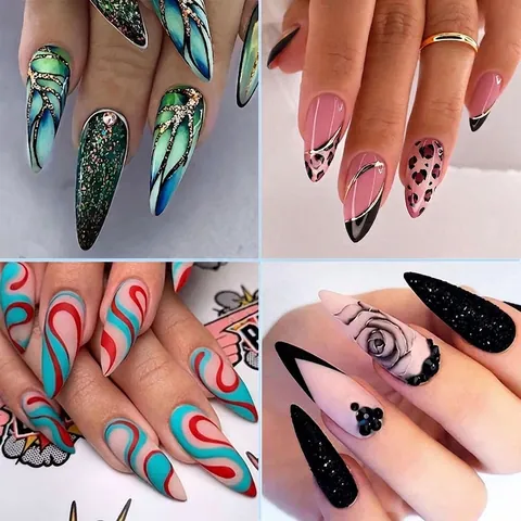 Press On Nägel Kunststoff Lang Mandel Stiletto Form Französisch Bunte Welle Leopard Schmetterling Design Für Frauen