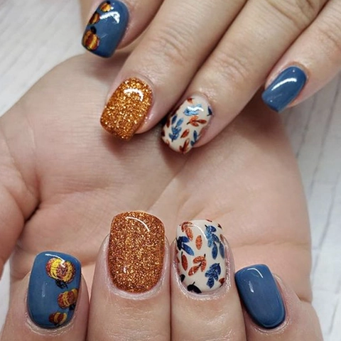 Thanksgiving Press On Nails Short Square Pumpkin Maple Leaf Autumn Blue Orange Glitter Fake Nails With Jelly Glue