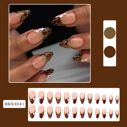 Faux Ongles Amande Leopard Imprimé Animal Fleur Style Français Avec Colle Gelée Et Lime À Ongles Longue Tenue
