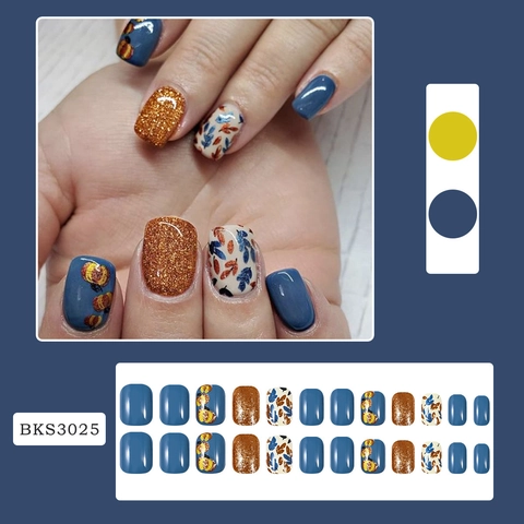 Thanksgiving Press On Nails Short Square Pumpkin Maple Leaf Autumn Blue Orange Glitter Fake Nails With Jelly Glue