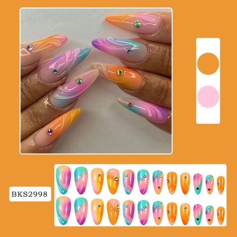 Almond Press On Nails Rhinestone Gradient Color Relief Texture Water Ripple ABS Fake Nails With Jelly Glue Nail File