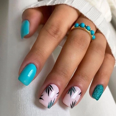 Short Press On Nails Green Leaf Pattern Artificial Fingernails With Jelly Glue And Nail File French Style For Women