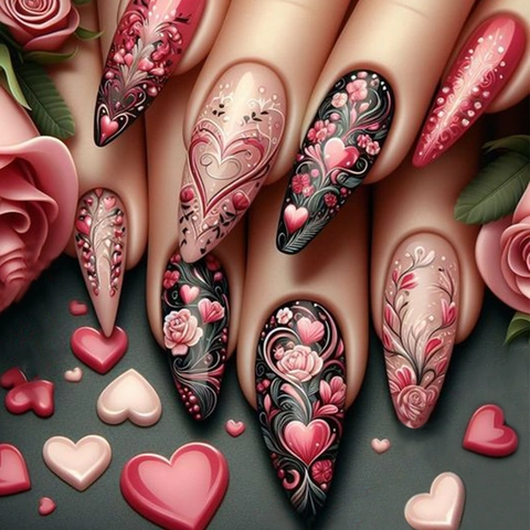 Rosen Herz Press On Nägel Gotische Lange Stiletto Künstliche Nägel Mit Gelee Kleber Und Nagelfeile Vintage Romantisches Blumenmuster