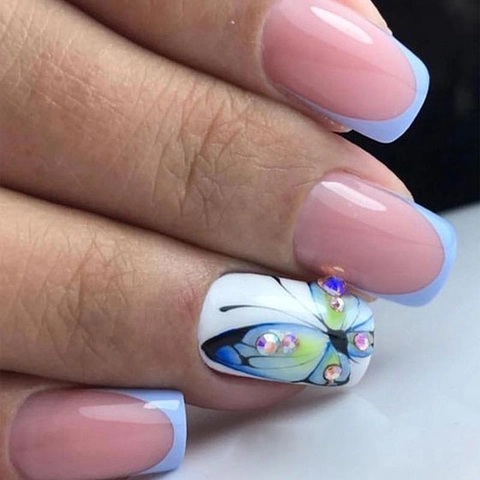 Press-On Nails French Blue Butterfly Square Medium Length Elegant Artificial False Fingernails Manicure Kit Professional Look