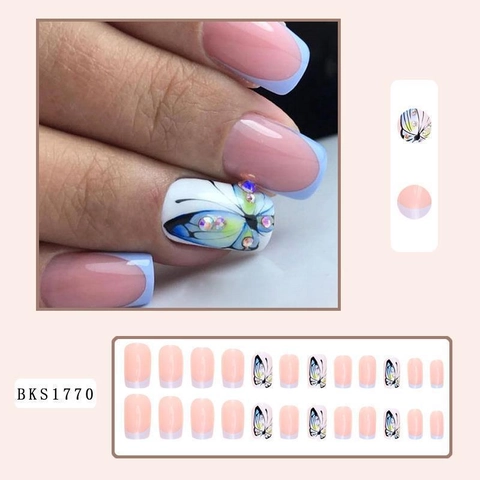 Press-On Nägel Französisch Blau Schmetterling Quadratisch Mittellang Elegante Künstliche Falsche Fingernägel Maniküre Kit