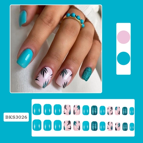 Short Press On Nails Green Leaf Pattern Artificial Fingernails With Jelly Glue And Nail File French Style For Women