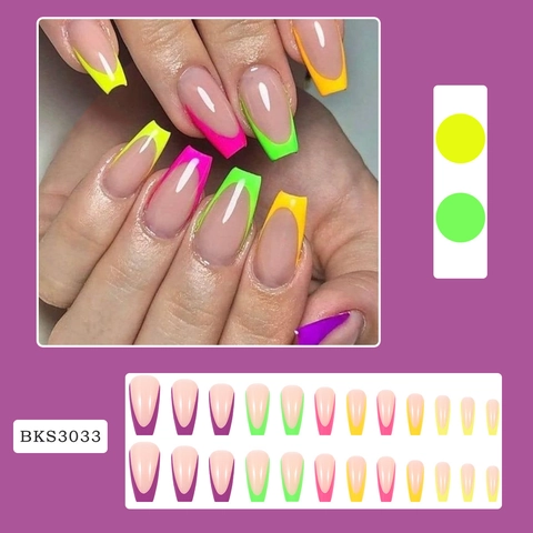 Unghie Finte Press On Stile Francese Punte Neon Colorate Forma Bara Lunghezza Media Con Colla Gelatina E Lima