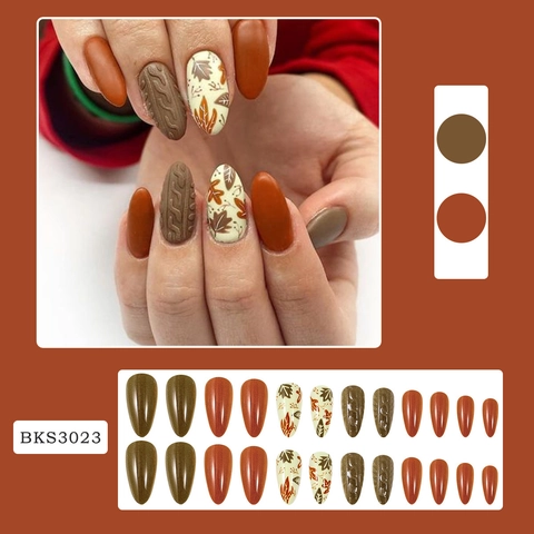 Uñas Postizas Forma Almendra Otoño Hoja Arce Acción De Gracias Patchwork Mate Textura Suéter Removible Uñas Artificiales