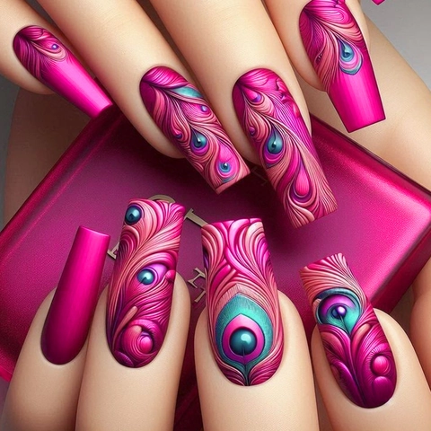 Peacock Feather Press On Nails Coffin Magenta Purple Blue Artificial Finger Nails With Jelly Glue And Nail File