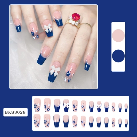 French Tip Press On Nails Coffin Shape Blue Floral With 3D Bow And Artificial Pearl Decor Long Ballet Fake Nails For Women
