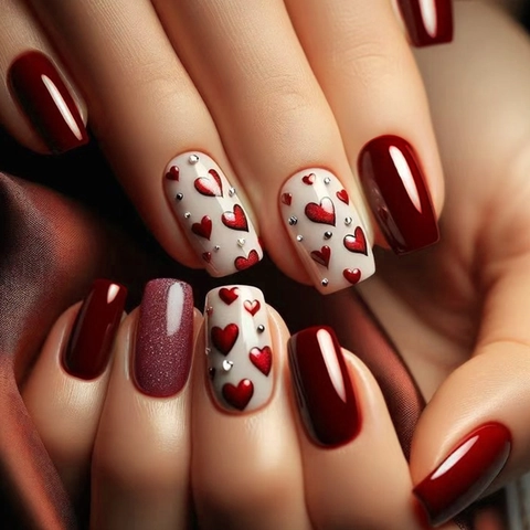 Wine Red Heart Press On Nails Glossy Glitter Square False Nails With Adhesive Tabs And Nail File Valentine's Day For Women
