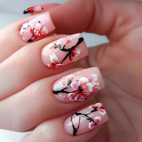 Uñas Postizas Flores De Cerezo Degradado Rosa Estilo Francés Manicura Artificial Con Pegamento De Gel Lima De Uñas Mujer