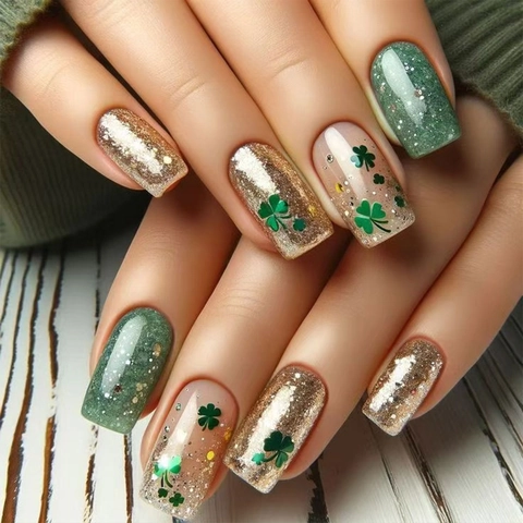 St Patricks Day Aufklebbare Nägel Grün Gold Glitzer Kleeblatt Muster Sargform Künstliche Fingernägel Für Frauen