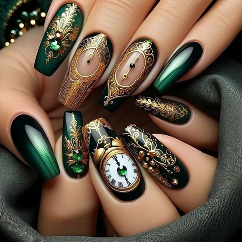 Uñas Postizas Ataúd Con Patrón Reloj Retro Relieve Dorado Verde Esmeralda Negro Diamantes Imitación