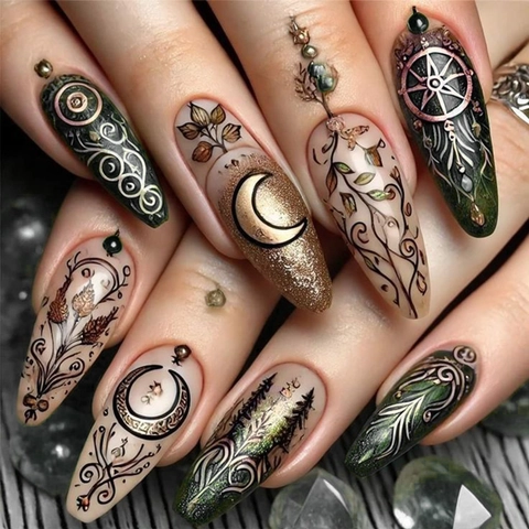 Press On Nails Moon Star Mandala Pattern Almond Shape Retro Mystery Forest Green Gold Fake Nails Gothic Style Manicure