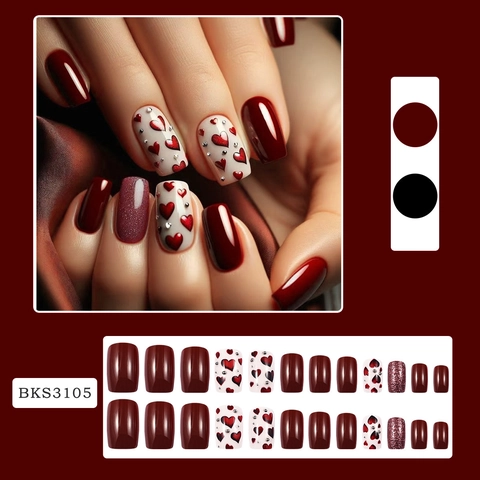 Wine Red Heart Press On Nails Glossy Glitter Square False Nails With Adhesive Tabs And Nail File Valentine's Day For Women