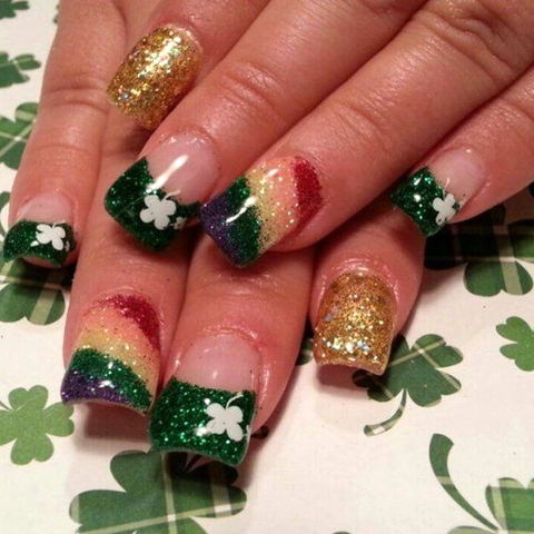 St Patricks Day Press On Nails Green Clover Shamrock French Tips Gold Glitter Rainbow False Nails Women Manicure