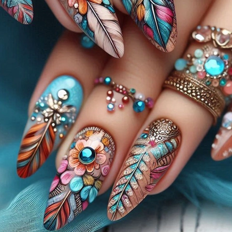 Uñas Postizas Bohemias Largas Stiletto Con Patrón De Plumas De Colores Decoración De Diamantes De Imitación Azules Vintage Retro Para Mujeres