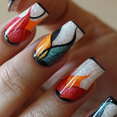 Long Square Press On Nails Contrast Color Glitter Abstract Artistic False Nails With Jelly Glue Nail File