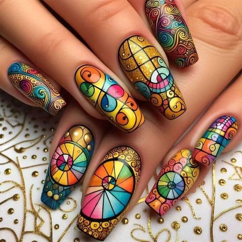 Colorful Stained Glass Art Press On Nails Coffin Shape Mandala Pattern Retro Aesthetic False Nail Tips Jelly Glue File
