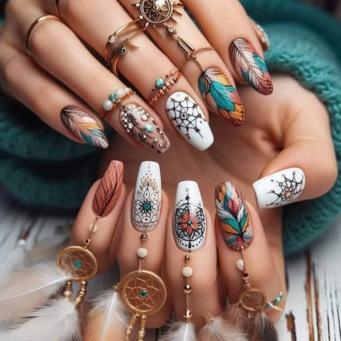 Press On Nails Long Almond Bohemian Ethnic Feather Dreamcatcher Mandala Pattern Artificial False Nails For Women Reusable
