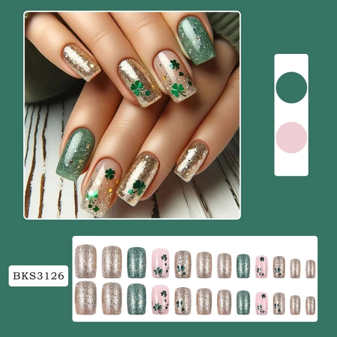 St Patricks Day Aufklebbare Nägel Grün Gold Glitzer Kleeblatt Muster Sargform Künstliche Fingernägel Für Frauen