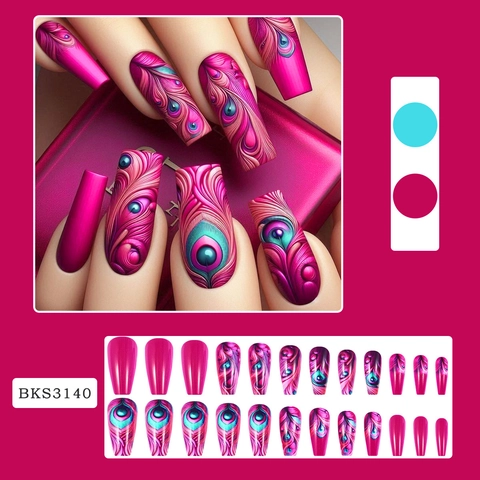 Peacock Feather Press On Nails Coffin Magenta Purple Blue Artificial Finger Nails With Jelly Glue And Nail File