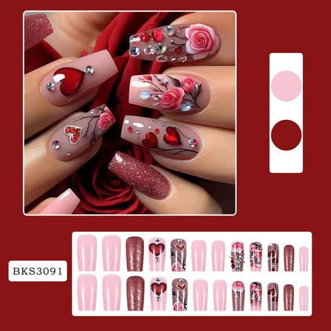 Coffin Press On Nails Pink Red Rose Flower Heart Rhinestone Glitter Artificial Fake Nails For Women Valentine Day